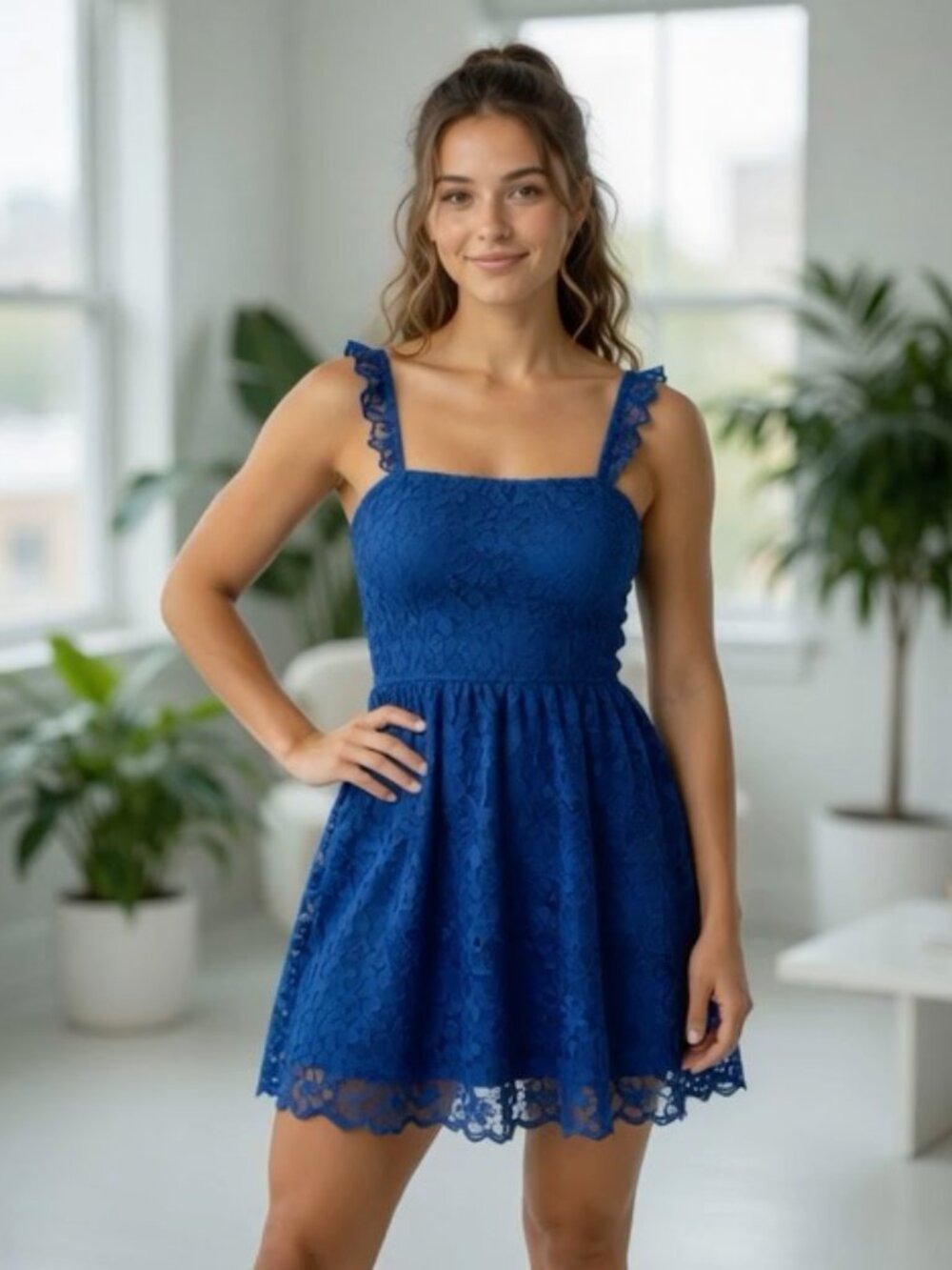 *Anthropologie Royal Blue Lace Fit & Flare Mini Dress Sleeveless Ruffle Strap S